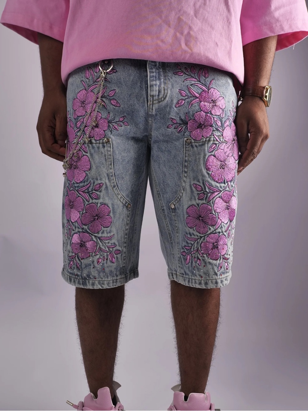 WATSON FLORAL LIGHT WASH DENIM CARPENTER SHORTS